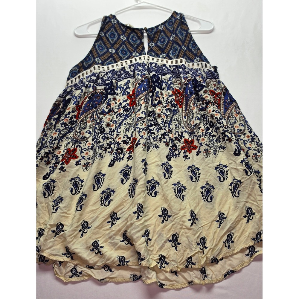 Umgee USA Womens Boho Paisley Crochet Trim Sleeveless Tunic Top Blue Medium